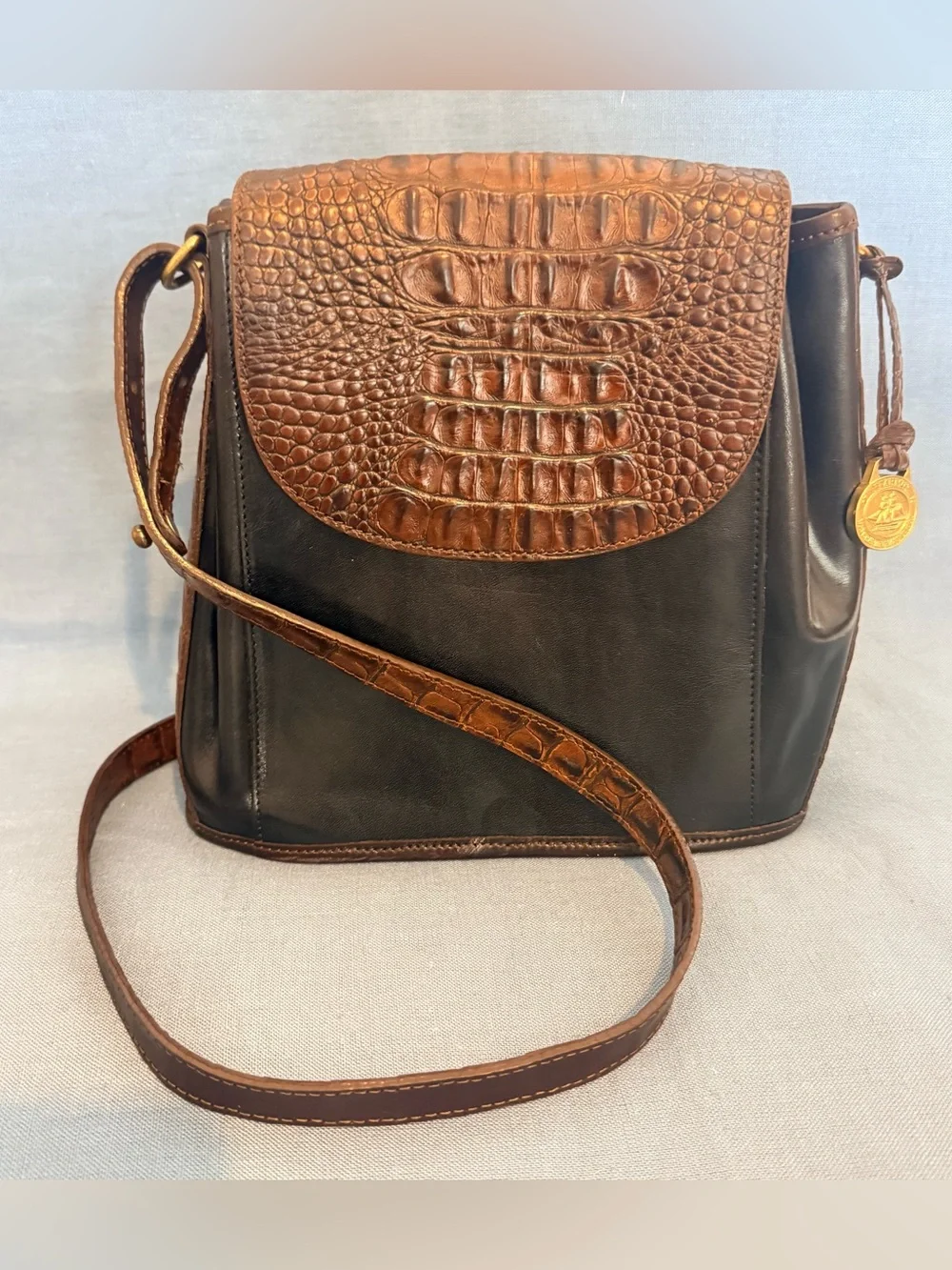 Vintage Brahmin Fairhaven Mass USA Leather Crossbody Bag – Black & Brown Croc Tr